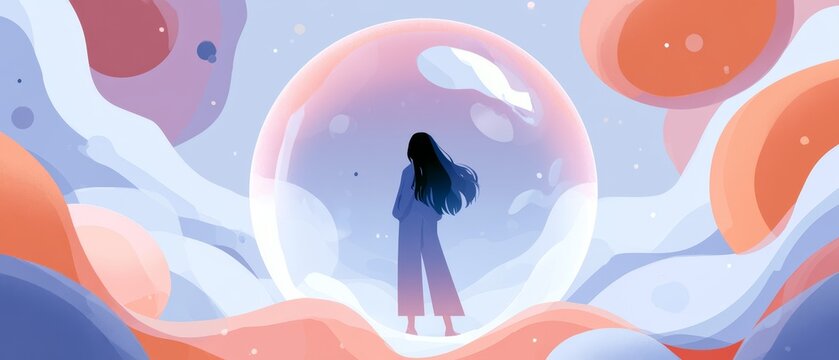 Self Care Concept of Person Standing in Glowing Protective Bubble