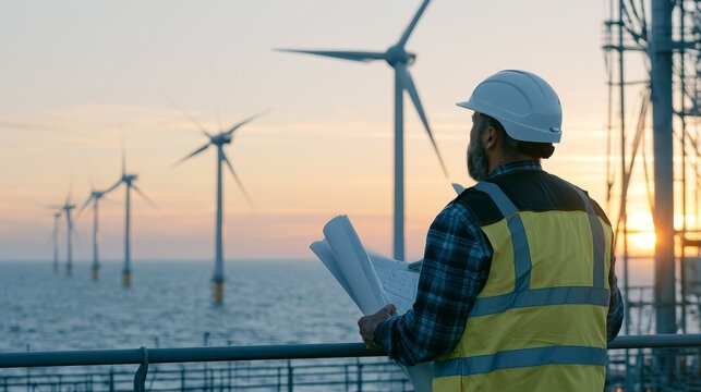 Senior Engineer Inspecting Offshore Wind Farm at Sunrise