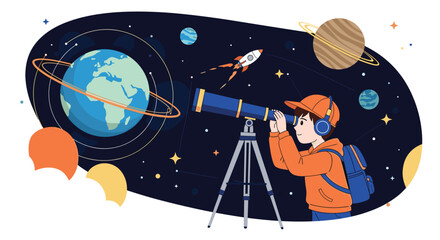 Naklejka premium Curious young boy with headphones looks through a telescope at the wonders of outer space including planet earth saturn and a rocket.