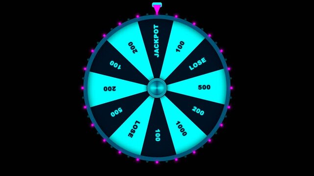 Seamless looping animation of neon lucky spinning wheel for gambling and casino gaming concepts.