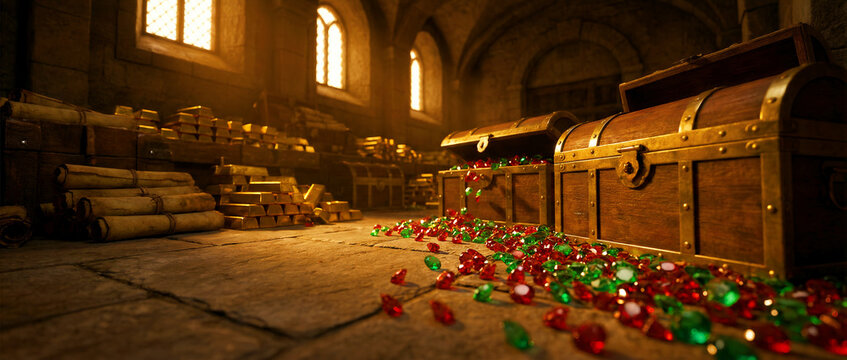 Treasure chests overflowing with red and green gems in a stone vault. Gold bars and ancient scrolls scattered on a dungeon floor. Wealth and fantasy adventure concept, perfect for gaming storytelling.