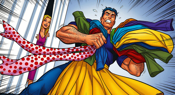 Muscular man carrying a large pile of colorful laundry with a stressed expression. A woman peeks from behind a curtain as the man struggles. Humorous comic art for housework marketing concepts.