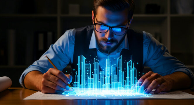 Architect analyzing futuristic 3D holographic city model on blueprints. Urban planner visualizing digital landscape in a dark office. Smart city technology and innovation concept for development.