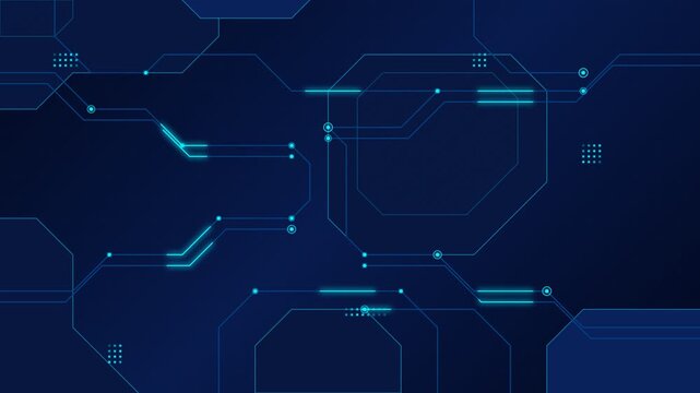 Seamless looping gold and blue abstract artificial intelligence microchip and glowing circuit board data processing animation.