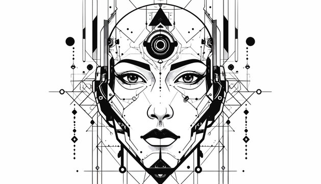 A futuristic AI assistant icon vector with a clean geometric robotic face is depicted in a minimal black and white illustration.