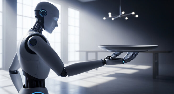White humanoid robot holding a service tray in a modern indoor setting. Futuristic android waiter performing service tasks in a luxury environment. AI service concept for hospitality automation.