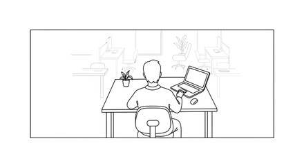 Fototapeta premium Man Working on Laptop at Desk in Modern Office - Back View