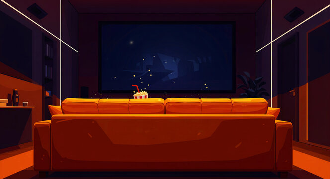 Empty home theater room with large orange sofa and projection screen. Interior view of modern living room setup for movie watching with popcorn. Cinema leisure concept for streaming service ads.