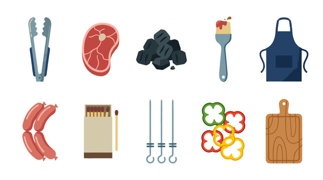 Collection of barbecue and grilling tools and ingredients