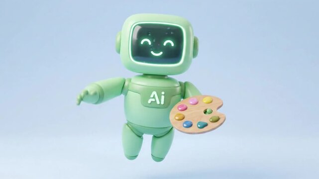 Cute 3d robot character waving and holding a paint palette