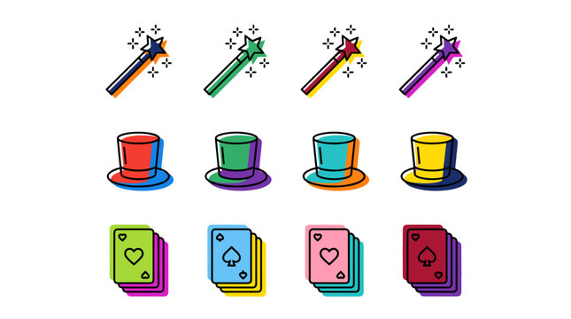 Collection of colorful magic wands and hats for magical theme