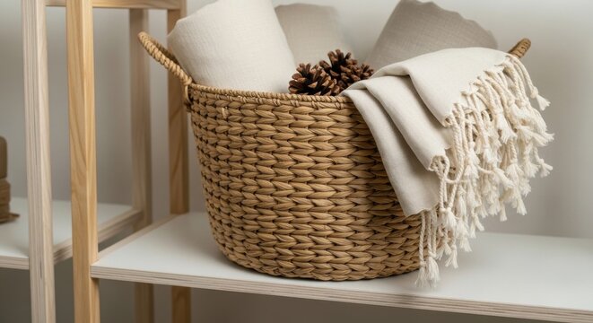 Woven raffia basket filled with soft neutral textiles and pinecones, showcasing natural home decor