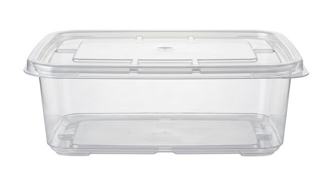 Empty clear plastic food storage container with lid