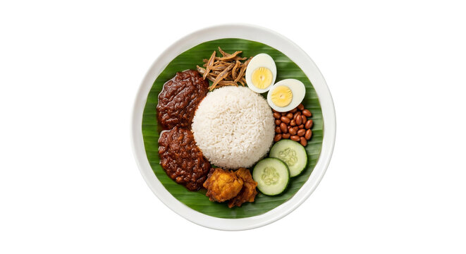 Traditional Malaysian nasi lemak dish served on banana leaf