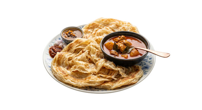Crispy roti canai flatbread with chicken curry dipping sauce