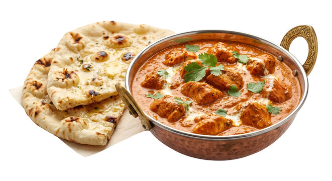 Indian butter chicken curry in copper bowl with naan bread