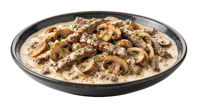 Beef stroganoff with mushrooms and creamy sauce in bowl