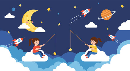 Naklejka premium Whimsical scene of two young girls sitting on white clouds and fishing for golden stars in a starry night sky with a moon and rockets.