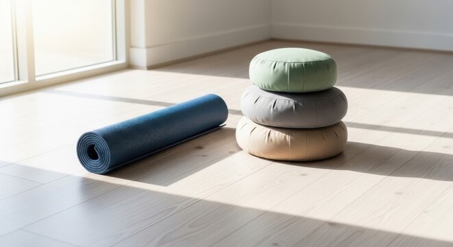 Rolled Yoga Mat and Stacked Meditation Cushions in a Sunlit Studio Corner