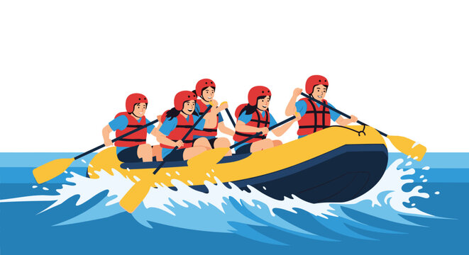 Team of five people wearing safety helmets and life vests paddling together in a large yellow rafting boat on white water.