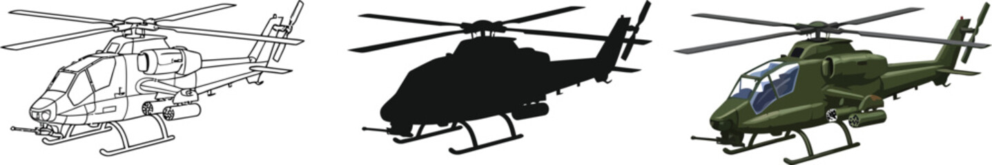 Collection of military transport helicopter vector illustrations presented in outline silhouette and detailed colored styles ideal for aviation and defense graphic design © Zohaib