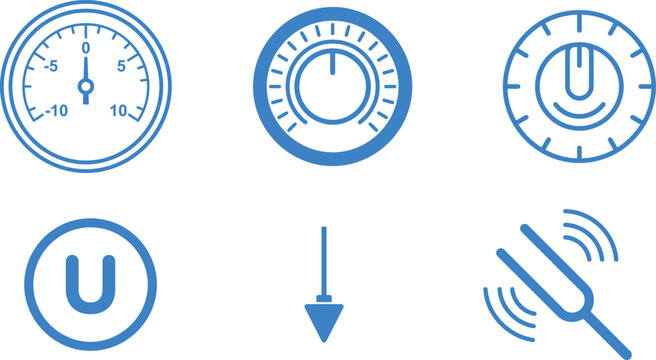 blue technology icons set including gauges and buttons on white background