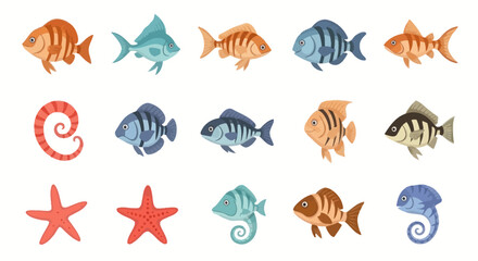 Marine life collection featuring colorful fish, starfish, and sea creatures in a playful cartoon style. © Funkstripe