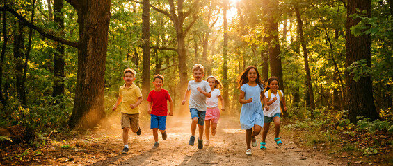 Group of happy diverse children running together along a sunlit forest path. Kids laughing and playing outdoors during a bright summer day. Healthy lifestyle and friendship concept for youth.
