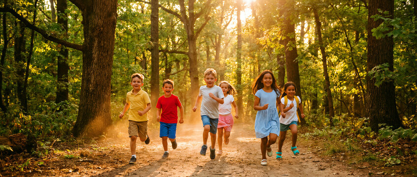 Group of happy diverse children running together along a sunlit forest path. Kids laughing and playing outdoors during a bright summer day. Healthy lifestyle and friendship concept for youth.