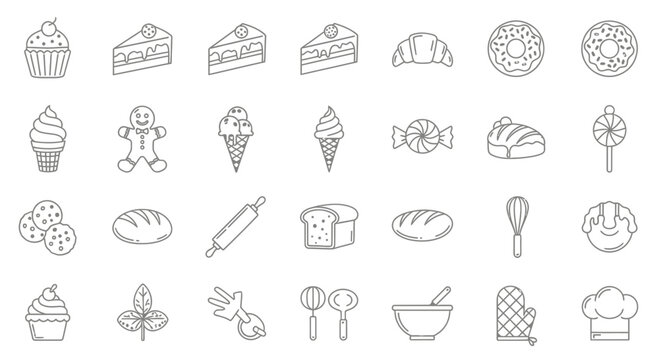 Sweet Treats and Baking Icons: Cupcakes, Cakes, Donuts, Bread, Cookies, and More