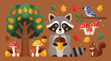 Cute cartoon raccoon holding acorn with autumn forest elements and friendly blue jay illustration © fitriyani