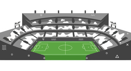 Modern football stadium illustration with green field and spectator stands, graphic element © JM