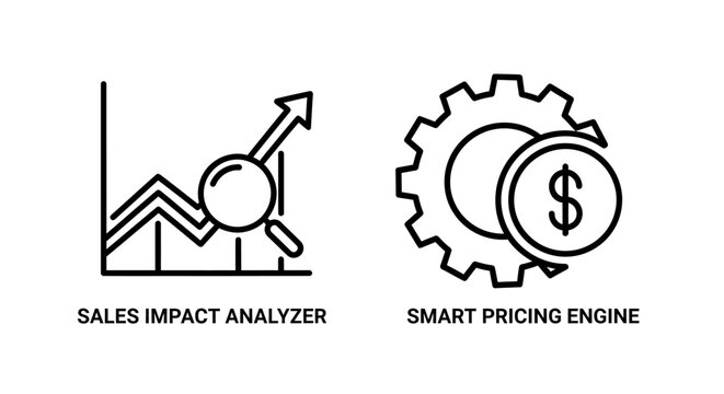 Business sales impact analyzer and smart pricing engine automation icons