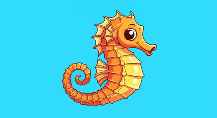 Cartoon seahorse character with orange scales and curled tail on blue background © JM
