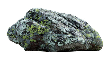 Obraz premium Weathered granite boulder covered with natural lichen and moss detailed rugged stone formation isolated geological element on white background