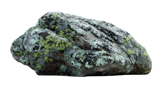 Weathered granite boulder covered with natural lichen and moss detailed rugged stone formation isolated geological element on white background