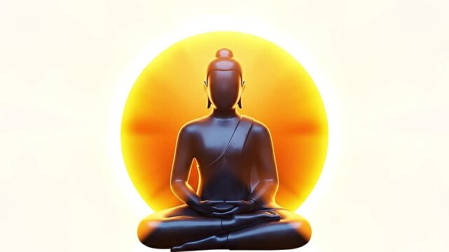 A dark silhouette of a meditating buddha statue against a glowing golden sun