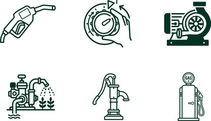 Naklejka premium set of green line icons for fuel pump turbine and water irrigation system