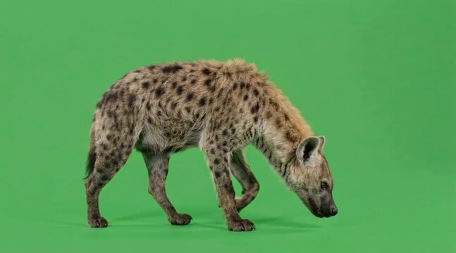 Video of one spotted hyena are walking on the green screen background