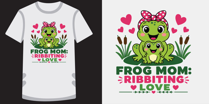 Frog mom ribbiting love - cute cartoon mother frog and baby frog graphic design.