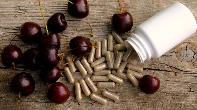Cherry extract in supplements. Selective focus.