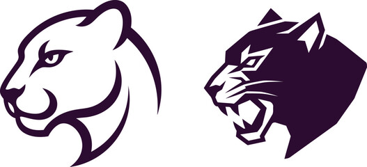 Two stylized panther head illustrations in purple and white colors © Saidurra12