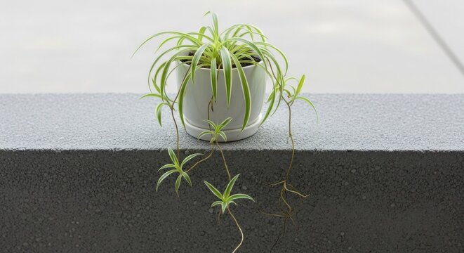 Delicate spider plant with trailing aerial roots in a white pot sits on a gray textured surface