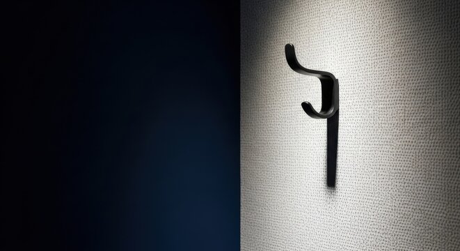 A sleek, modern black wall hook mounted on a textured white surface with a dark blue wall section for contrast