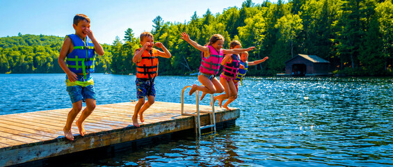Obraz premium Happy group of children jumping off a wooden dock into a clear lake. Boys and girls wearing life jackets enjoy summer water activities. Outdoor leisure concept, ideal for family vacation ads.