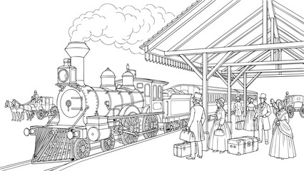 Victorian era steam train station coloring page with vintage locomotive and historical passengers in line art © IDR TAO