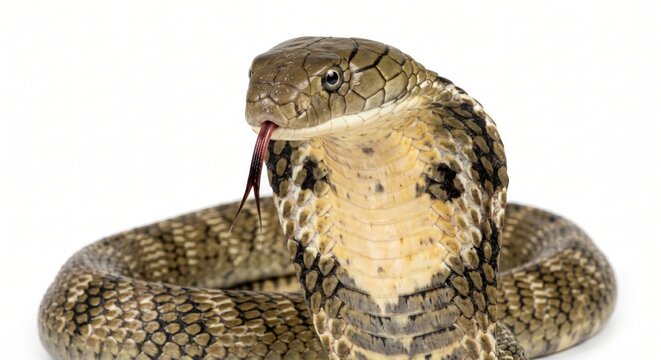 Closeup of a coiled snake with head raised and tongue out against a white background reptile