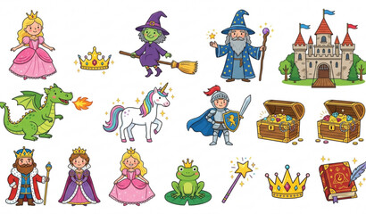 Fairy tale characters and magical objects vector set with princess dragon unicorn and castle © MstLima