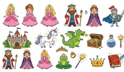 Fairy tale icon set with princess knight dragon unicorn and castle vector illustrations © MstLima