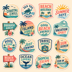 Fototapeta premium A vibrant collection of vintage-style summer and beach-themed stickers and badges featuring tropical elements and vacation slogans.